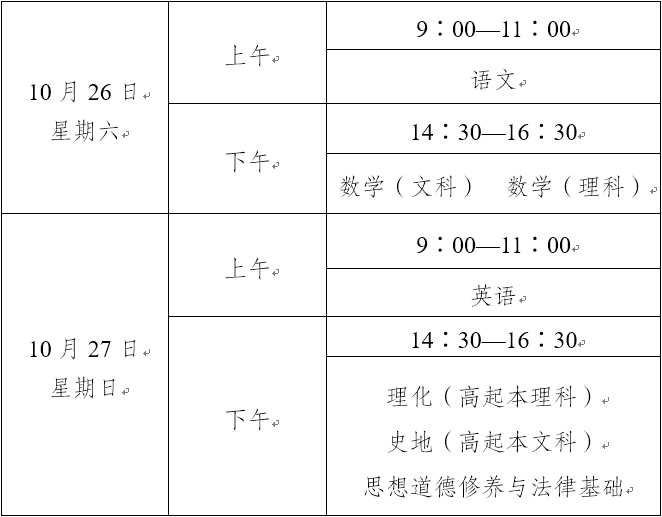 云南省成人高考高起点考试安排